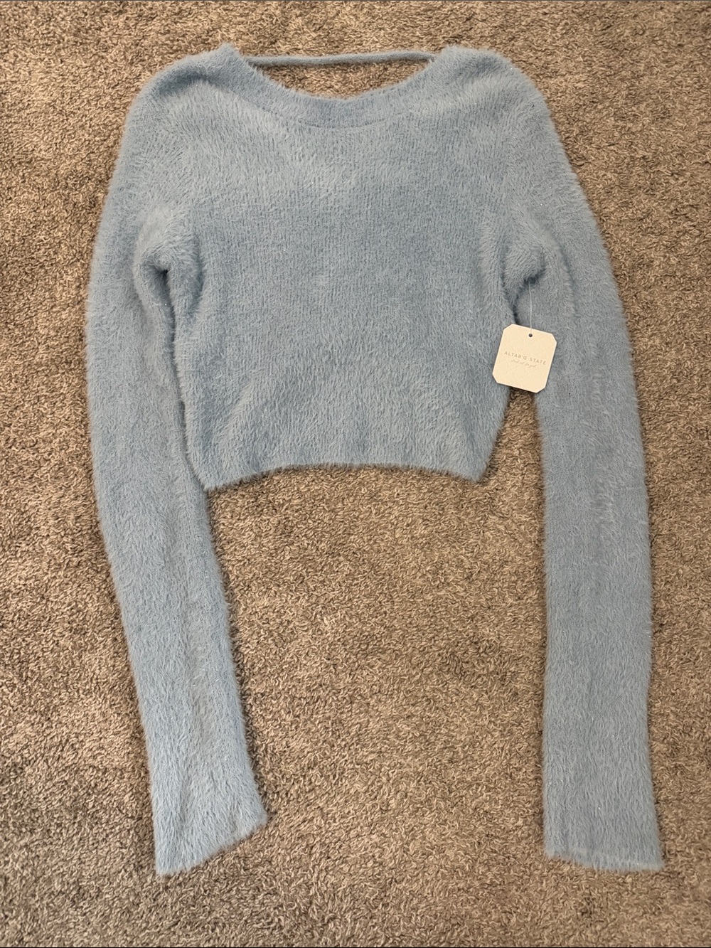 Altar'd State Light Blue Fuzzy Cropped Crewneck Sweater